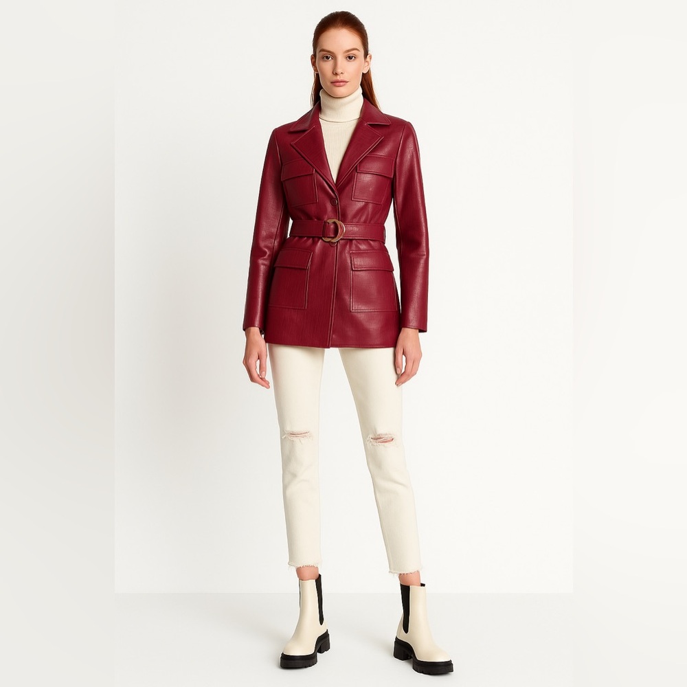 JLUXLABEL Burgundy Belted Leather Blazer Jacket